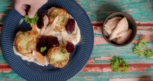 Flat Lay Video Potatoe Gratens with Fish Fillet and Mustard Sauce