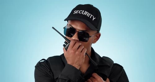 Security guard, studio walkie talkie and face of man talking, consulting