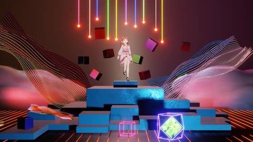 Dancing Anime Character on Neon Stage with Geometric Shapes