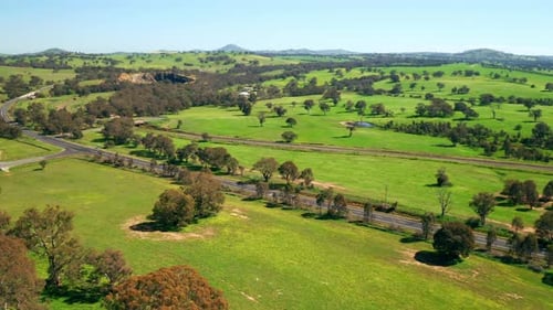 Concrete Road Amidst Wild Grassy Fields Of Australia - aerial shot