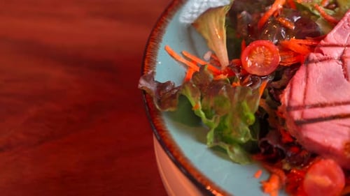 Smoked Salmon grill salad top view panning slider mexican gourmet seafood