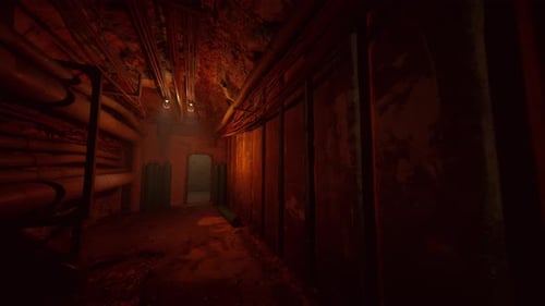 Haunted Abandoned Corridor Decaying Tunnel with Pipes and Broken Walls