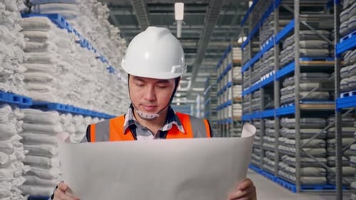 Front View of Asian Male Engineer Looking At Blueprint While Walking at Warehouse