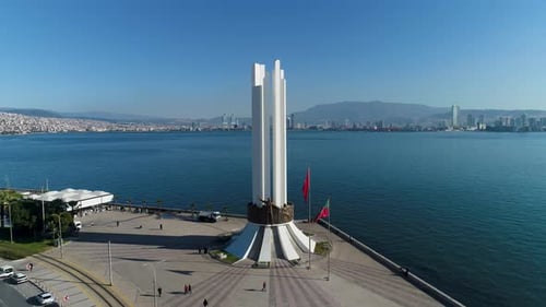 drone view of izmir Karşıkaka beach and peace monument