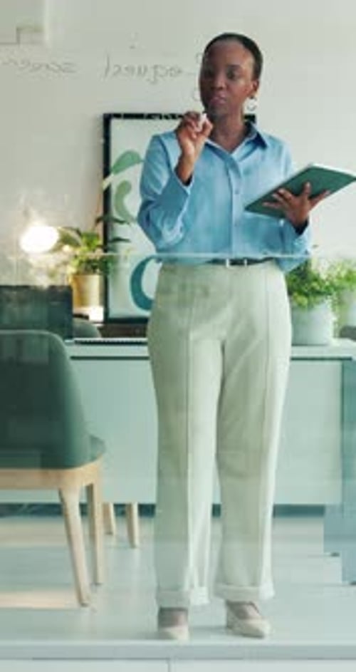 Glass wall, writing or black woman in office with tablet, planning or notes for b2b strategy