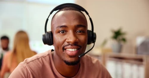 Call center, businessman and face with smile for consultant, customer information and telemarketing