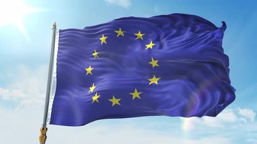 Realistic European Union Flag Waving in Blue Sky