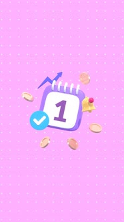 Animated Calendar with Bell, Check Mark, Growth Arrow, and Gold Coins In Vertical Video Format.