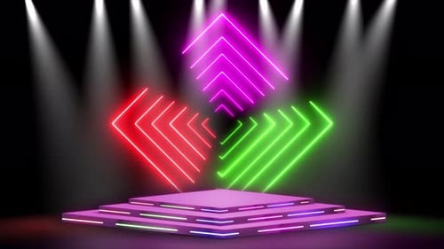 Realistische 3D-Bühne und Lichteffekte, die sich im Hintergrund bewegen. Spotlight-Animation mit Bühne und Neon