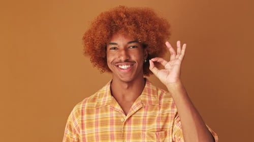 Close up, guy showing ok gesture isolated on brown background in studio