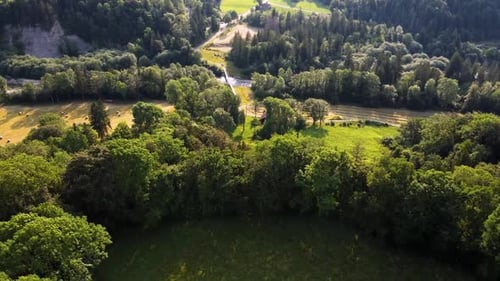 aerial view of a forest landscape with a river and a yellow field, wild landscape, near a village