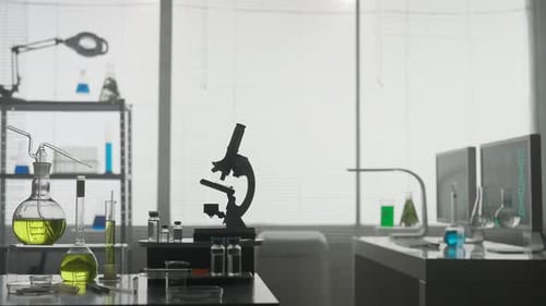 Modern Medical Research Laboratory with a Microscope and Test Tubes with Biochemicals on the Table