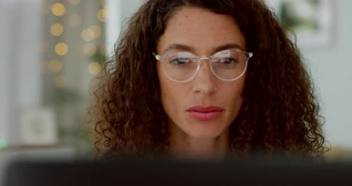 Computer, glasses and business woman reading email feedback, article review or company sales report