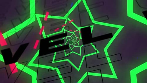 Digital animation of neon green star shapes spinning against level up text on grey background