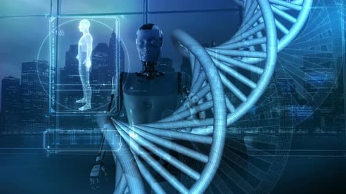 Futuristic AI Robot with Human DNA Holographic Medical Data Interface