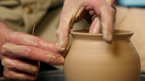 Close Up Master Hands Man Craft Hobby Sculpting Clay Pottery Wheel Ceramic Workshop Work Process