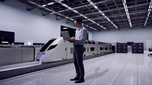 Adult Using Laptop Beside a Modern Train