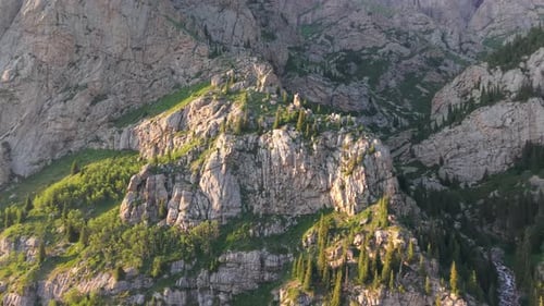 Sunlight Illuminating Rocky Mountain with Coniferous Forest and Waterfall