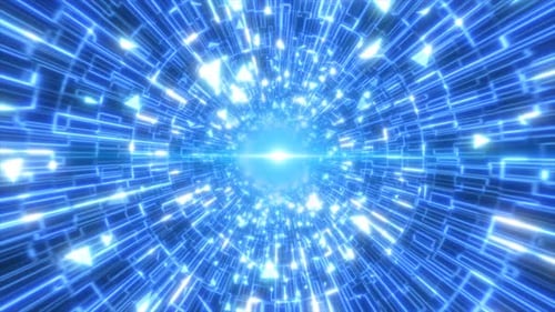 Abstract blue glowing neon laser tunnel futuristic hi-tech with energy lines and flying particle