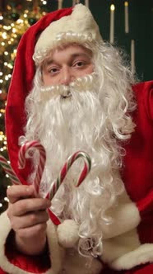Santa Claus Holds Two Candy Canes and Smiles in a Festive Christmas Room Vertical Video