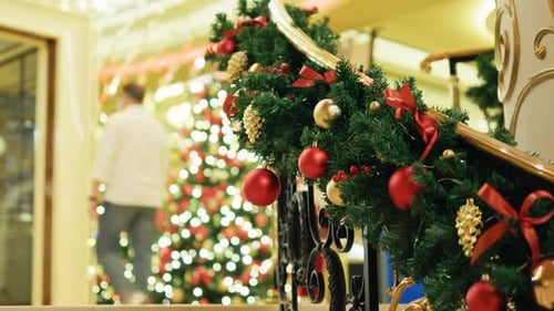Christmas Decorations on Staircase with Trees in Background