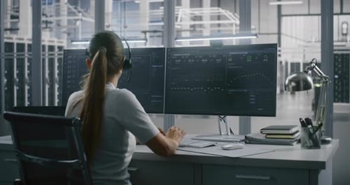 Die technische Spezialistin kommuniziert per Headset und verfolgt gleichzeitig Metriken und Grafikdaten