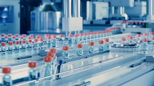 Moving Bottles on Conveyor Belt in Pharmaceutical Manufacturing Line
