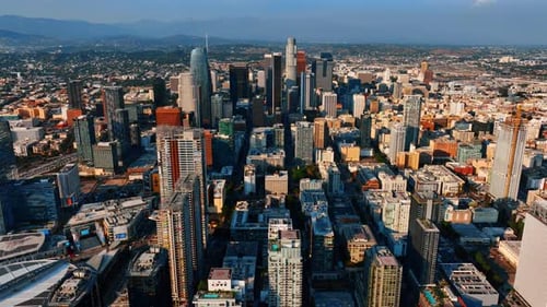 Financial center of Los Angeles, California, USA. Sunny panorama of modern metropolis