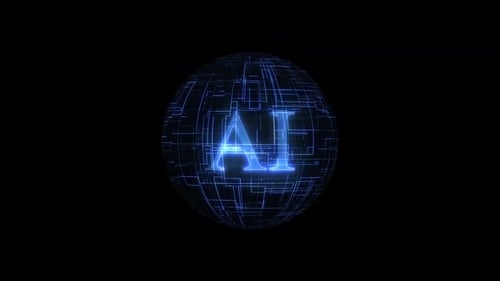Glowing AI Text on Digital Circuit Globe Animation