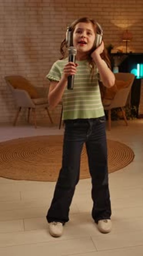 Enthusiastic Girl Singing Karaoke at Home