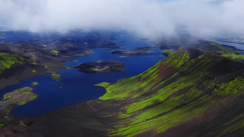 Aerial Panorama of Volcanic Lake and Crater Islands in Iceland