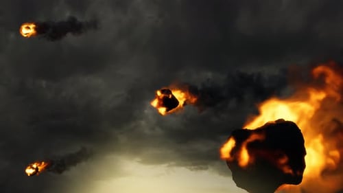 Flaming Asteroids Falling Through Stormy Sky Cinematic Visual Effect