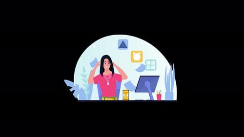 Overwhelmed Businesswoman at Desk with Digital Notifications Flat Animation