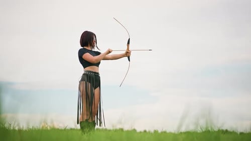 Female Archer Practicing Harnessing Strength in Solitude Solitary Woman Aims Bow in Peaceful