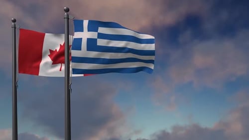 Canada and Greece National Flags Waving in a Cloudy Sky