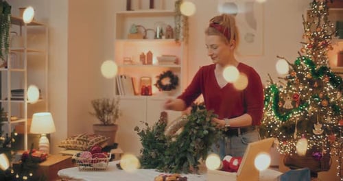 Woman Making Green Fresh Christmas Wreath For Christmas Holidays Florist DIY