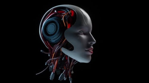 Futuristic 3D Cyborg Head with Glowing AI Circuits Animation
