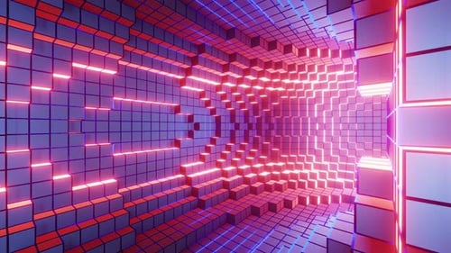 Red abstract background inside rotating pixel torus tunnel 3d render. Seamless looped. NFT concept