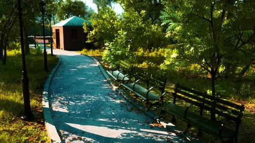 A Tranquil Park Pathway Lined with Benches Amidst Lush Greenery on a Sunny Day