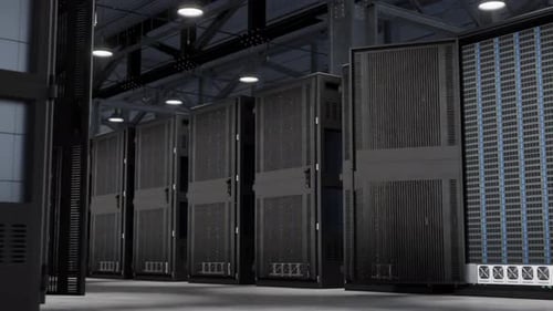 Row of data servers in warehouse (server farm), cloud computing - 3D render