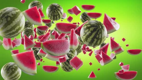 Burst of Watermelon and Watermelon Slices in Garden Green Nature Background