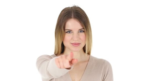 Woman Points Index Finger to Viewer on White