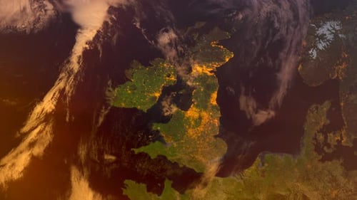 United Kingdom From Space At Sunset. Uk From Space Orbit. Planet. Globe