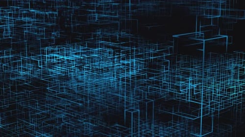 Wire CuAbstract cubic shapes on dark background. Futuristic glowing geometric structure.be Prores