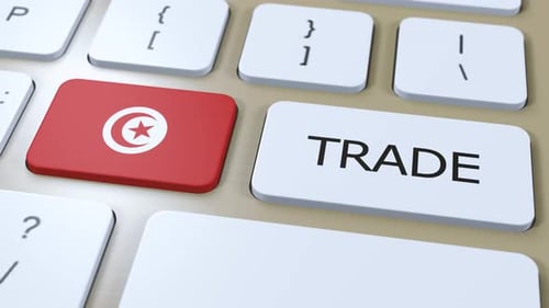 Tunisia Country Flag and Trade Text on Button 3D Animation