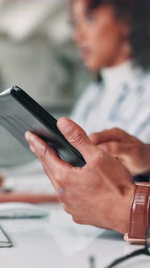 Man, hands and tablet in office for business, website scroll and search on internet