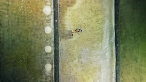 Top View Salt Worker Raking Crystallized Sea Salt