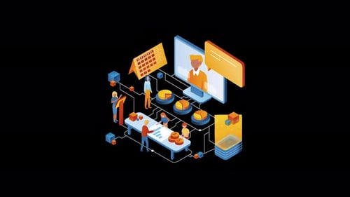 Colaboración de equipos empresariales en reuniones virtuales con herramientas de presentación y análisis de datos