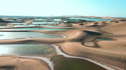 Aerial View of Desert Landscape with Scattered Lakes