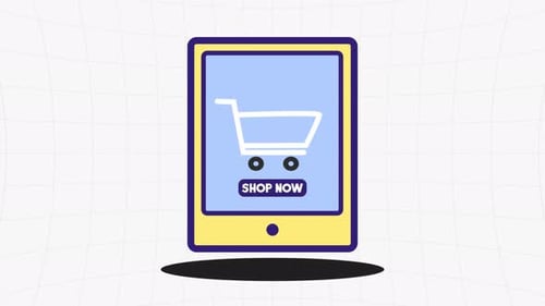 Flat Design Tablet Animation with Shop Now Button and Shopping Cart